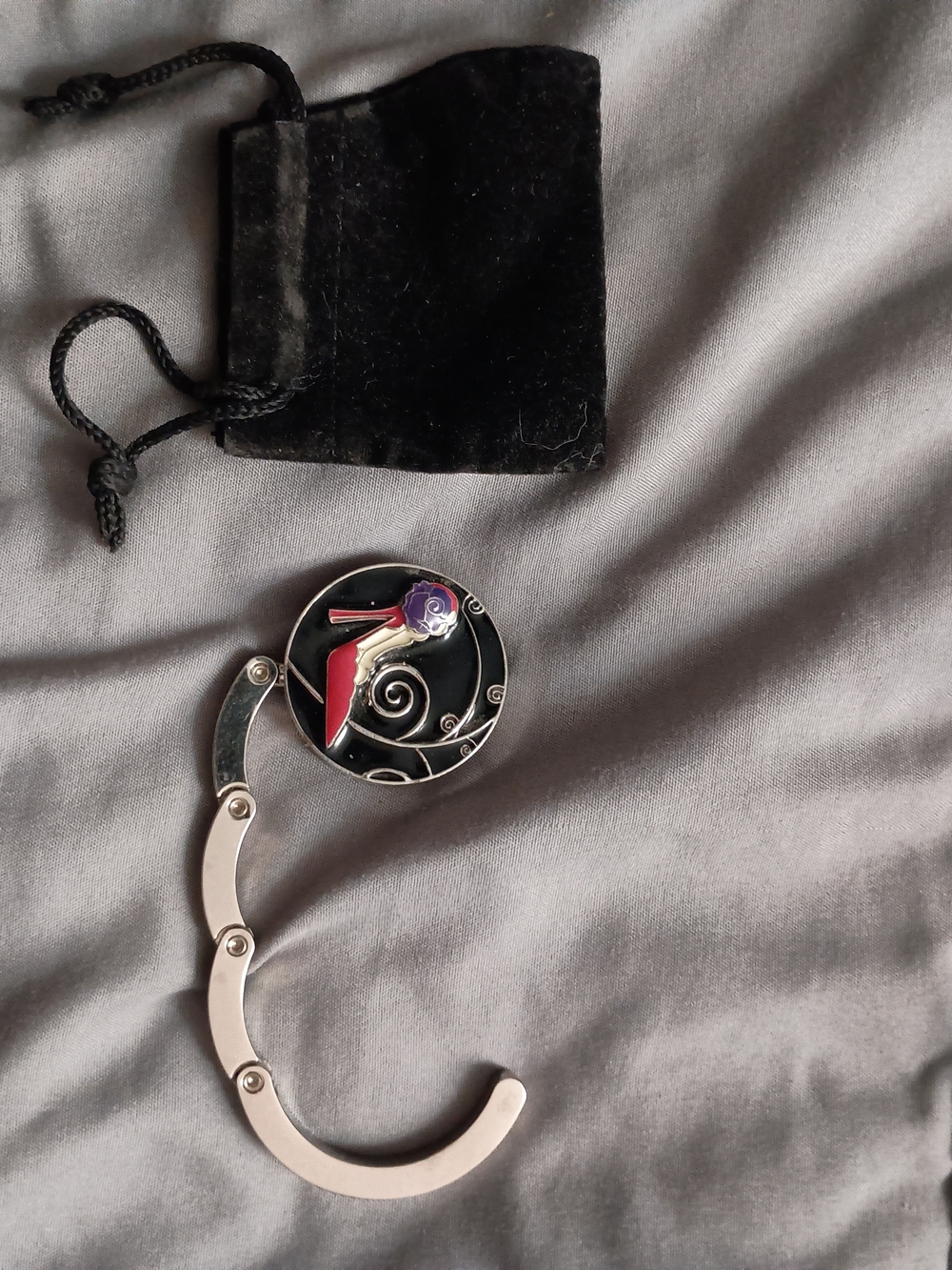 Foldable Purse Hook with Purple Flower Accent